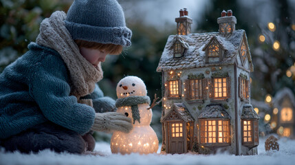 Child building a snowman beside a softly lit Christmas house.