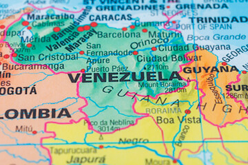 State of Venezuela is highlighted on political map of world using focus.