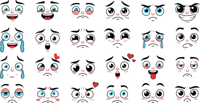 Variety of expressive cartoon faces illustrating different emotions