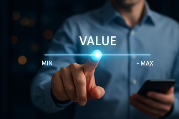 A hand is moving a glowing digital slider with the word "VALUE" towards the maximum position, representing the concept of maximizing value, price optimization, high standard, and important choices