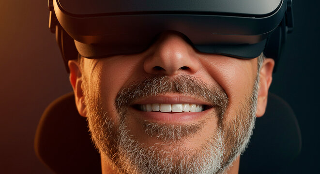 Smiling Man Wearing Virtual Reality Headset Close-up for Immersive Experience