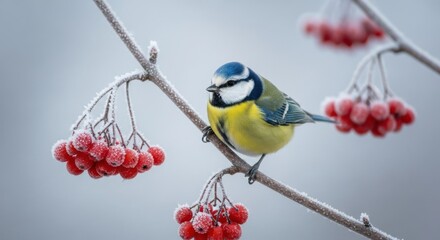 Blue tit perched on a frosty branch with bright red berries in a winter landscape