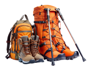 Hiking boots backpack and trekking poles isolated on transparent background