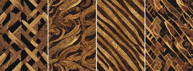 Seamless batik parang pattern, repeating diagonal knife motif with golden lines and dark brown background, modern geometric reinterpretation, digital batik vector, Indonesian heritage pattern