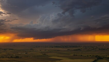 Obraz premium Golden Glow Under Ominous Clouds, Flatlands Stretched Before the Approaching Storm.