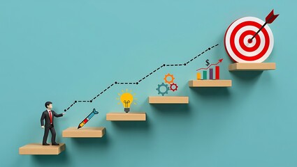 Businessman climbing stairs towards target with growth chart and lightbulb success
