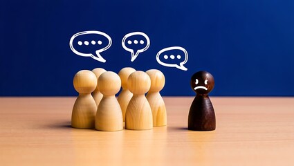 Dark wooden figure with sad face isolated from light wooden figures with speech bubbles