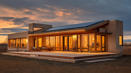 Obraz premium Solar powered home exterior at golden hour