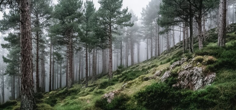 Forest with a foggy sky and a hill covered in trees. The trees are tall and the grass is green