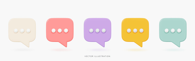 3D Speech bubble messages icon set in different colors. Online chatting in social media. Chat box with comment. Talk and dialogue. Cartoon design icons isolated on white. 3D Vector illustration