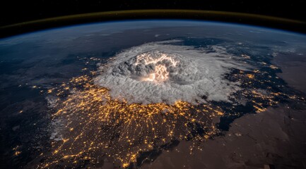 Large cloud of smoke is seen in the sky above a city. The smoke is billowing out of a volcano. The scene is dramatic