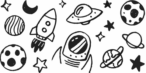 Whimsical hand drawn space elements featuring planets rocket ship astronaut and stars