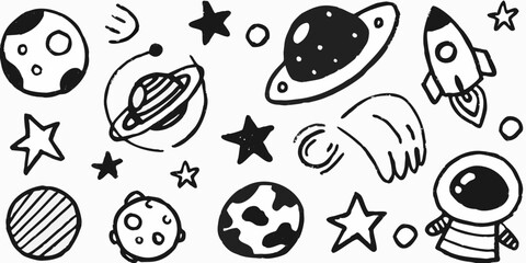 Whimsical hand drawn space doodles featuring planets stars rocket ship and astronaut