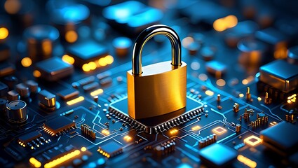 Golden padlock on a glowing blue circuit board with orange lights technology security