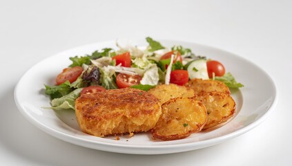 Golden Potatoes Delight. A Culinary Arrangement of Textures and Forms on White.