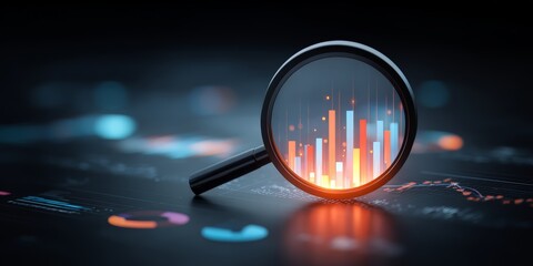 Magnifying glass is on a black background with a series of lines and numbers. Concept of curiosity and exploration