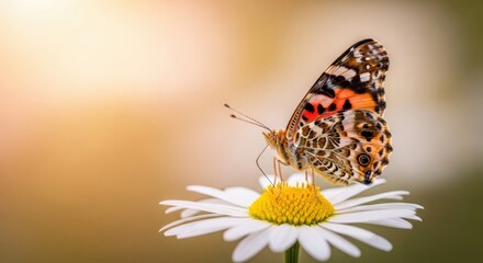 Obraz premium Colorful butterfly resting on a white flower during a warm afternoon in a meadow
