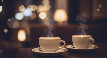 Obraz premium Warm cups of coffee on a cozy table in a softly lit cafe during evening hours with gentle steam rising
