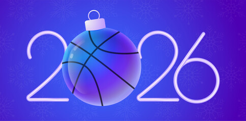 Basketball 2026 New Year sport banner. Merry Christmas tech greeting card with xmas ball as a bauble on purple neon background. Vector illustration