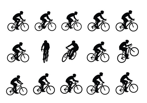 Silhouettes of mountain bikers in action dynamic poses bicycle riding sports cycling graphics pack