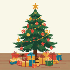 Christmas tree adorned with colorful ornaments and fairy lights standing amidst a pile of presents on a wooden floor. Festive holiday scene with decorative elements for home or commercial use.