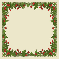 Christmas holly border design with a vintage aesthetic. Decorative arrangement of holly leaves and berries in a corner border on a light beige background with subtle snowflakes.
