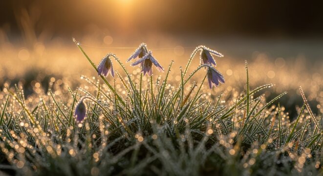 Dew-Kissed Purple Pasque Flowers in Golden Morning Light