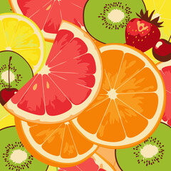 Fruit slices pattern with vibrant colors and detailed texture. Colorful fruit slices layered against a light background, showcasing a variety of citrus fruits, kiwi, and strawberries.