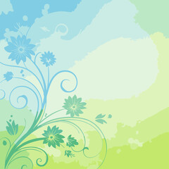 Floral design with pastel color scheme in a decorative setting. Abstract flower and vine pattern in light blue and green hues.