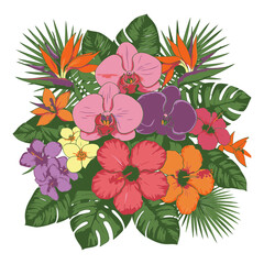 Vibrant tropical floral bouquet design with diverse orchid, hibiscus, and bird-of-paradise flowers in various shades of pink, red, orange, purple, and yellow set against lush green tropical leaves.