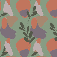 Abstract floral pattern in muted colors on a sage green background. Abstract shapes and leaves with various shades of orange, beige, and lavender.