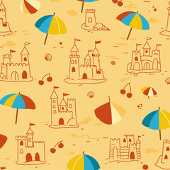 Sandcastle pattern with beach umbrellas and cherries. Hand drawn sandcastles, umbrellas, and cherries on a sandy beach background.
