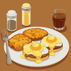 A delicious breakfast platter featuring two eggs Benedict, hash browns, and a glass of beverage. A plate of food with breakfast components in a casual dining setting.