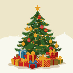 Christmas tree with colorful presents in a festive setting. Ornate Christmas tree with colorful presents at its base, displayed against a light beige background adorned with snowflakes.