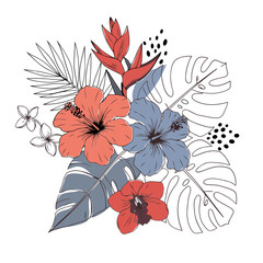 Tropical flower and leaf design with vibrant colors and outlined shapes. Floral arrangement with hibiscus, orchids, and palm leaves in a modern aesthetic, perfect for use in a digital design.