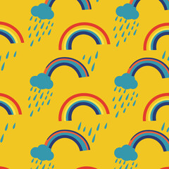 Rainbow and rain pattern on a mustard yellow background. Colorful, child-friendly design showing rainbows and rain clouds in a repeating pattern.