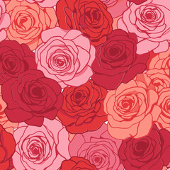 Rose flower seamless pattern with various shades of pink and red. Detailed floral design with a repeating pattern, suitable for wallpaper or textile design.