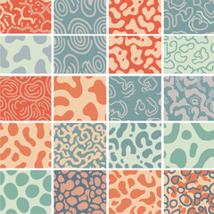 Abstract pattern collection featuring a variety of organic shapes and colors in a repeating graphic design. Set of seamless patterns for graphic design and print media.