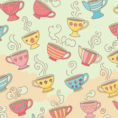 Cartoon teacups and teapots in a variety of colors displayed in a seamless pattern on a pastel background. Cute designs and whimsical elements with steam rising from cups and kettles.
