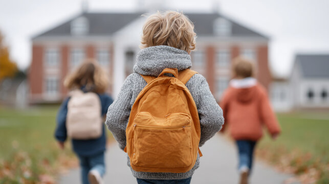 Back to school excitement: children running toward school building for a new semester adventure