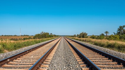 Fototapeta premium Parallel Tracks Converge Under a Saturated Sky, a Study in Perspective and Color.