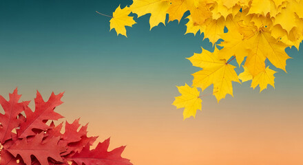 Image displays yellow maple leaf in the upper right corner and red oak leaf in the lower left, representing fall foliage, nature's seasonal change