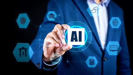 Man in blue suit holding A I symbol with connected business icons artificial intelligence