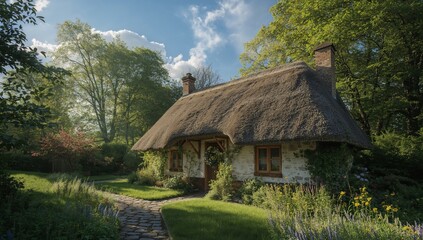 Rustic Haven. A Thatched Cottage Among Verdant Foliage and Stone Pathways.