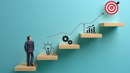 Man in suit climbs wooden steps toward target with business growth icons climbing