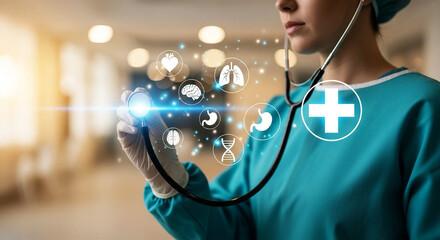 Doctor examining medical icons with stethoscope healthcare technology