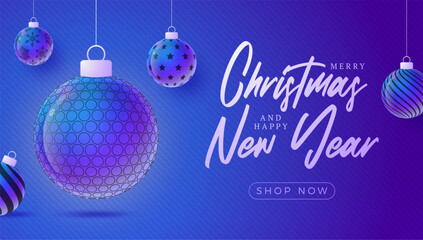 Golf Christmas and New Year sport banner. Merry Christmas tech greeting card with xmas ball as a bauble on purple neon background. Vector illustration