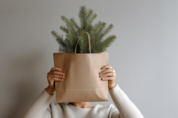 A person holds brown paper bag filled with green pine branches on neutral gray color