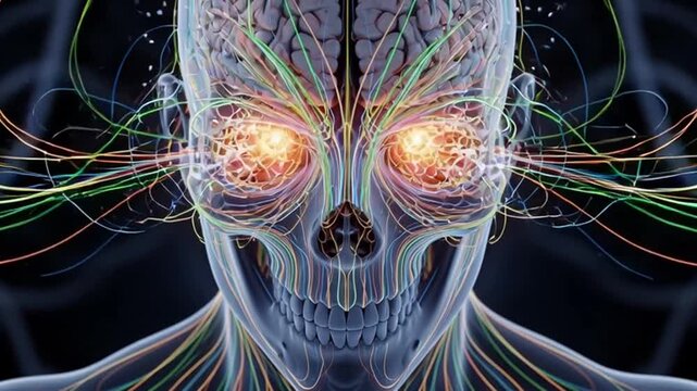 Dynamic visualization of neural pathways and brain activity with glowing orange eyes and colorful energy streams, representing intelligence and connection in a stunning abstract concept.