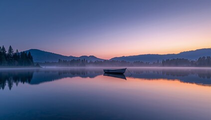 Tranquil Waterscape. A Boat Adrift at Dawn, Reflecting the Gentle Light and Misty Horizon.
